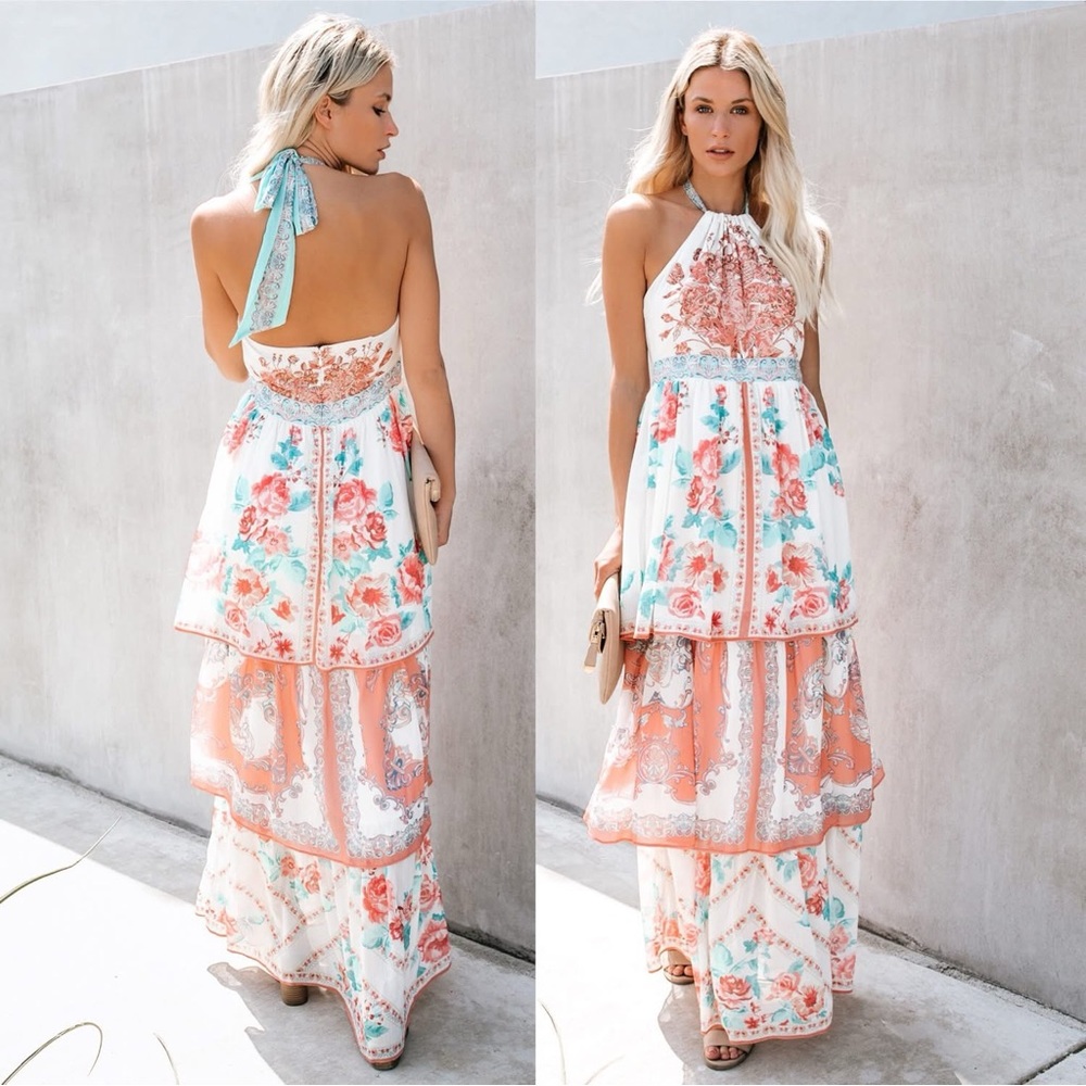 Champagne & Strawberry Print Tiered Maxi Dress Halter NWT Flowy Prom Wedding New